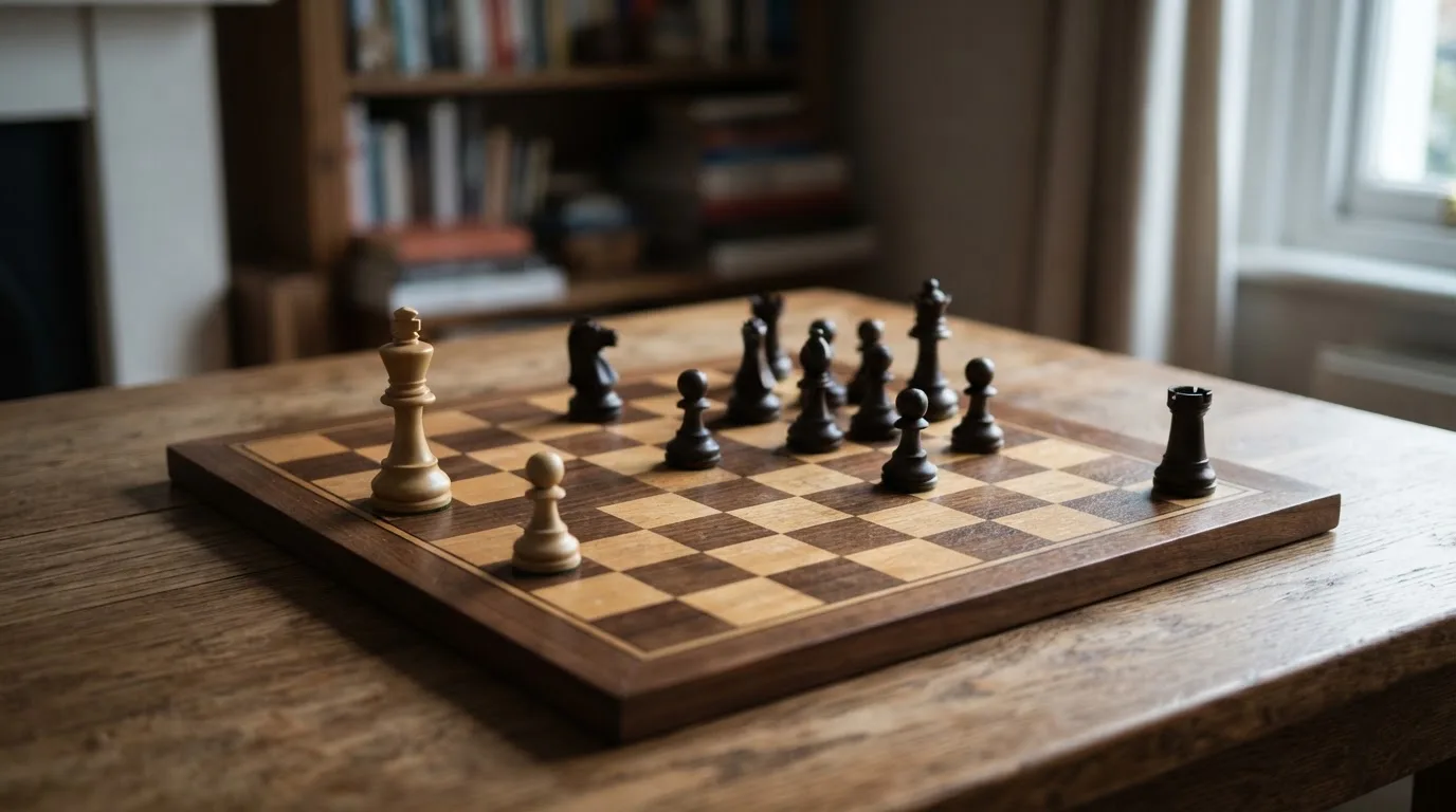 Ein Schachbrett mit wenigen Figuren in einer Mittelspielstellung steht auf einem Holztisch, seitliches Licht.